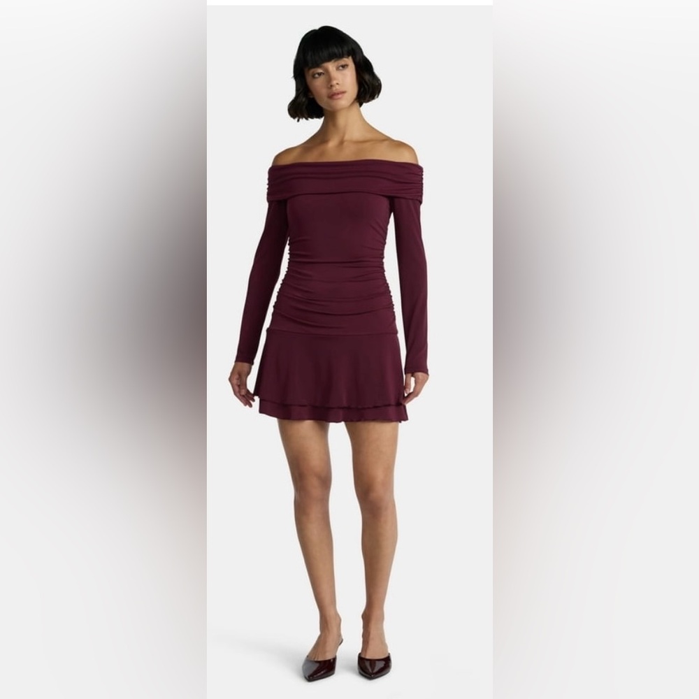 Long-Sleeve Ruched Mini Dress in Wine